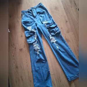 Aphrodite High Rise Cargo Jeans - Ripped Blue New Never Used